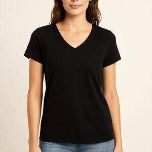 Seven7 Black V-Neck T-Shirt – Size S New with Tags – Pocket & Pleated Back